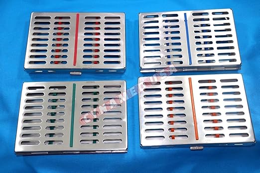 German Stainless 4 Dental Sterilization Cassette Rack Tray Box for 10 Instruments