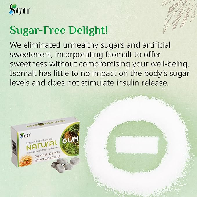 Sayan Sugar Free All Natural Gum, Siberian Larch Tree Resin and Beeswax Chewing Gum for Fresh Breath, Vegetarian, Non-GMO, No Sugar, Gluten Free, Aspartame Free, No Preservatives - 4 Packs (64 Pieces)