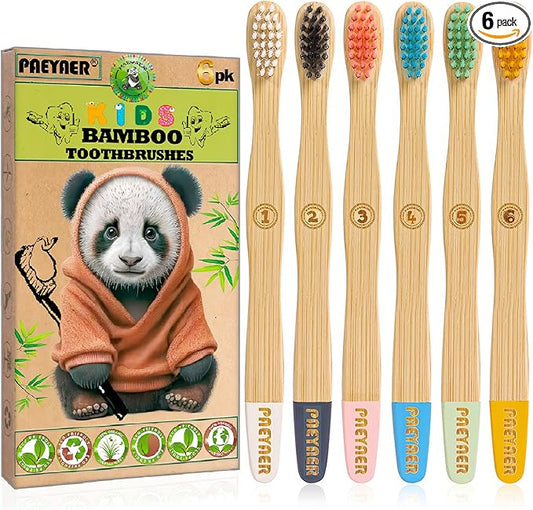 6 Pack Bamboo Kids Toothbrushes - Extra Soft Toothbrush for Kids - Natural Toothbrush Set Designed for Children Ages 3 and Up (Multicolor)