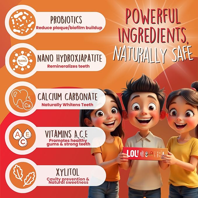 LOL Kids Toothpaste 3-Flavors Pack | Nano Hydroxyapatite Toothpaste, Probiotics, Vitamins A, C, E | Safe if Swallowed, No SLS | 1 Peppermint, 1 Cinnamon, & 1 Melon Flavor