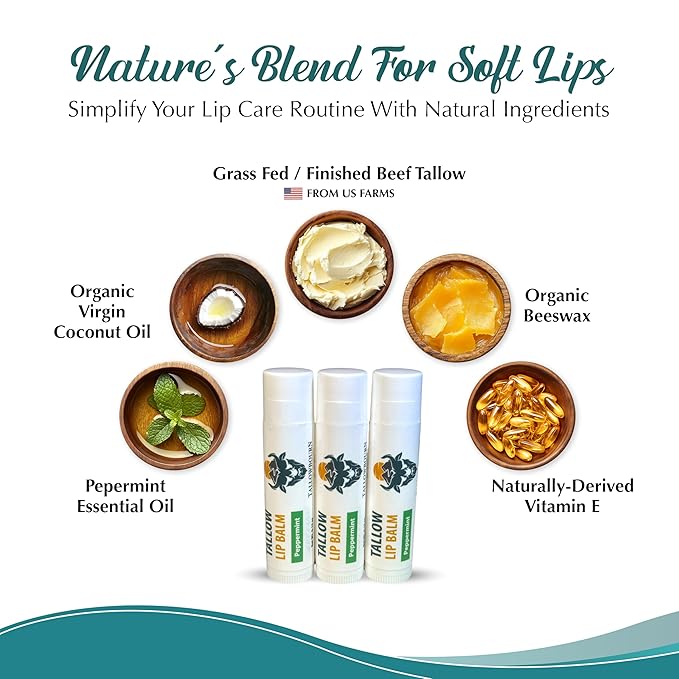Moisturizing Tallow Lip Balm – Grass-Fed Beef Tallow with Organic Coconut Oil, Beeswax, and Vitamin E – Peppermint – Lip Balm Set – Travel Essential – 3-Pack
