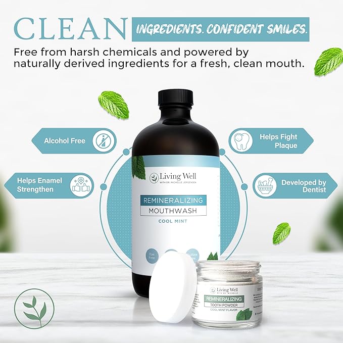 Living Well with Dr. Michelle Tooth Remineralization Bundle | Hydroxyapatite Tooth Powder & Mouthwash | Cool Mint Flavor