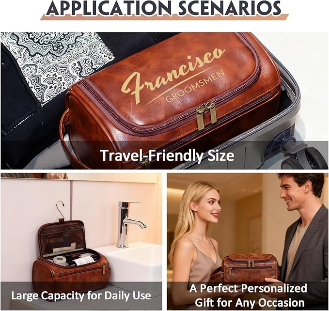 HDSD Personalized Toiletry Bag for Men,Engraved Name/Logo for Husband, Boyfriend, Dad, Wedding, Anniversary, Gift (Brown)