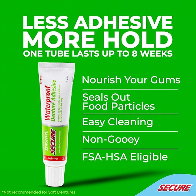 Secure Sensitive Denture Adhesive with Aloe Vera & Myrrh – 12-Hour Max Hold – Patented Waterproof Seal – for All Denture Types – Food Grade Ingredients – 1.4 oz