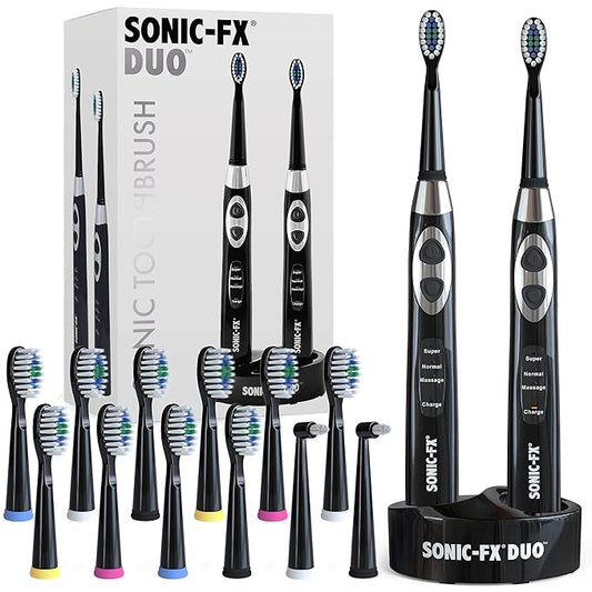 Sonic-FX Duo Rechargeable Electric Toothbrush Set - with 14 Brush Heads, 3 Modes, Smart Auto-Timer, Charging Dock Holder - Dual Handle Electric Tooth Brush for Adults & Kids, Black