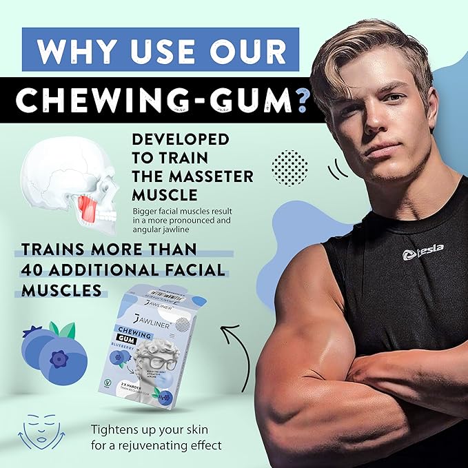 Jawliner® Hard Jwaline Chewing Gum - Sugar Free Blueberry Tough Jaw Gum - Jaw Exerciser Strong Mewing Jawline Mistic Gum - 2x Harder than Regular Chewing Gum 330 Grams (120 Strips)