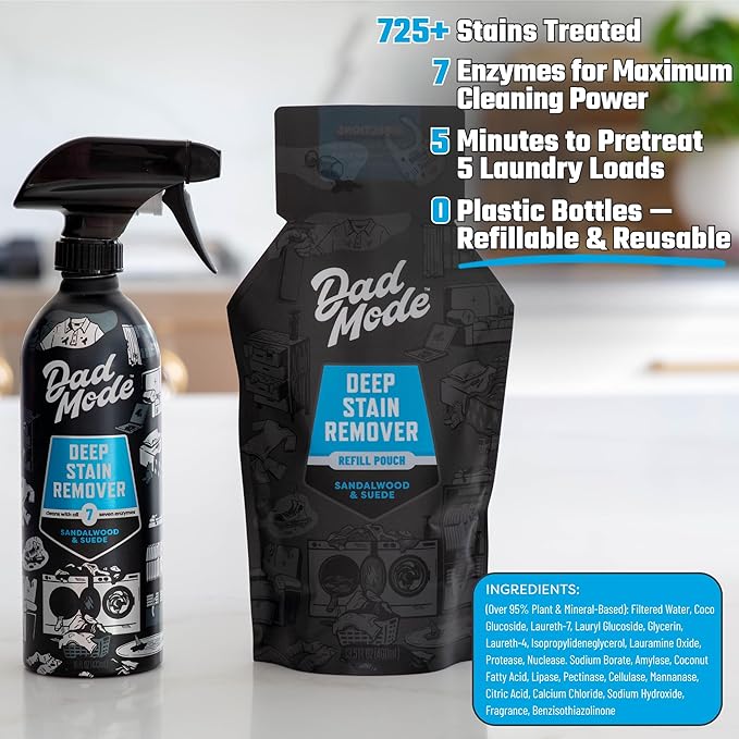 DadMode 7-Enzyme Laundry Stain & Odor Destroyer – Deep Cleaner for Extreme Clothing Messes - Masculine Sandalwood & Suede Scent, 16oz Refillable Bottle