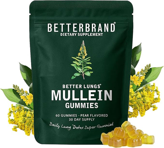 Betterbrand Mullein Chewable Gummies for Lung Cleanse and Detox, Respiratory Health Supplement, 1000mg Mullein Extract per Serving, 60 Gummies - 30 Day Supply - Pear Flavored