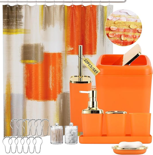 Orange Bathroom Accessories Set, Bathroom Sets with Shower Curtain, Orange Bathroom Accessories with Trash Can, Soap Dispenser, Soap Dish, Toilet Brush Holder, Qtip Holders for Bathroom