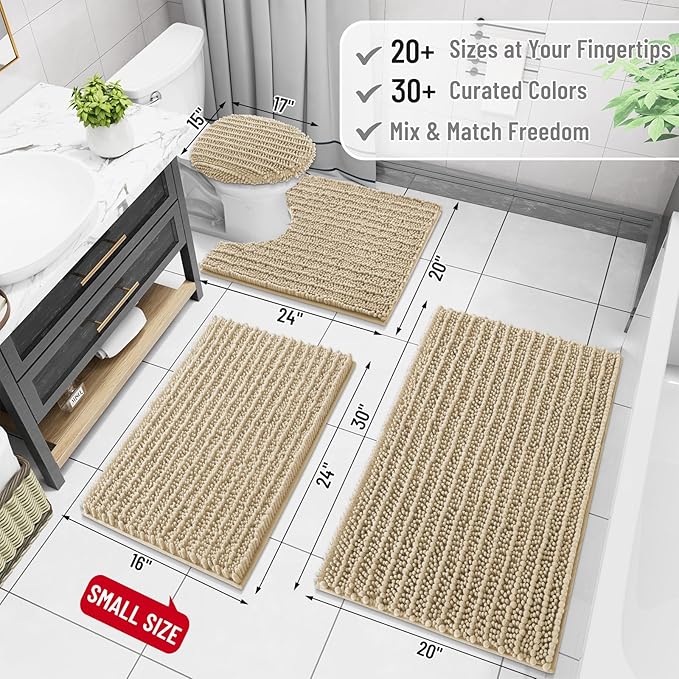 Arotive Luxury Chenille Bathroom Rug Mat, Extra Soft Thick Absorbent Shaggy Bath Rugs, Non-Slip Machine Wash Dry, Plush Bath Mats for Bathroom, Shower and Tub, 47x24, Beige