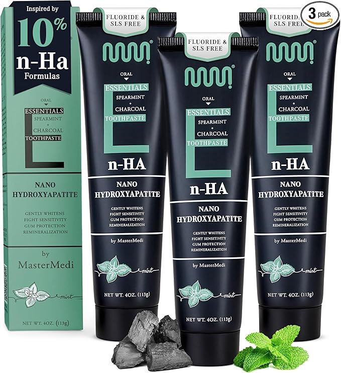 MasterMedi Nano Hydroxyapatite Toothpaste (Inspired by 10% nHA Formulas), Fluoride-Free, Charcoal Whitening, Sensitive Teeth Care, Enamel Support, SLS-Free, Xylitol, Citrus Mint, 4 Oz (Pack of 3)