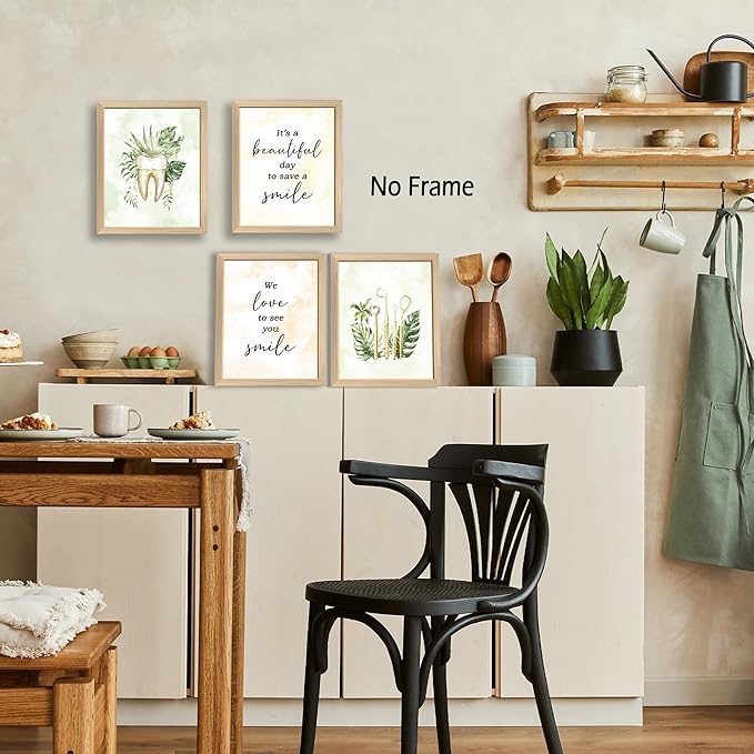 KSDUT Dental Wall Decor Art Set of 4 - Dentist Clinic Artwork Poster Prints Green Leaf Wall Decor Botanical Dentistry Picture Wall Art for Office Home Hospital Decorations - 8"x10" Unframed