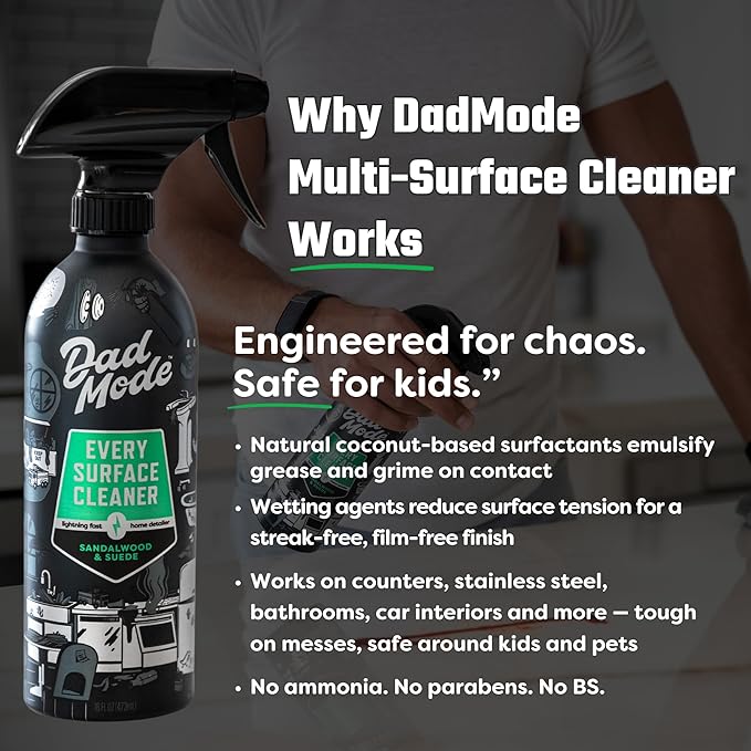 DadMode Maximum Strength Cleaning Set for Busy Families - 7 Enzyme Stain Remover, Surface Cleaner, Laundry Detergent, Carpet Cleaner - Sandalwood & Suede, 64 oz