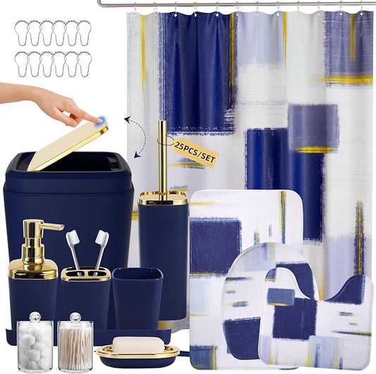 Bathroom Accessories Set - 25PC Bathroom Set with Shower Curtain and Rugs, Blue Bathroom Set, Bathroom Accessory Set with Press-on Lid Trash Can, Soap Dispenser and Qtip Holders