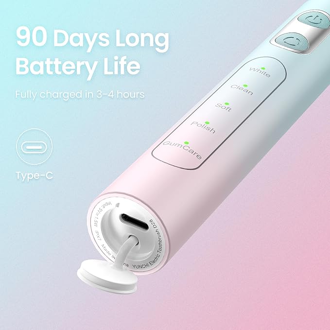 YUNCHI Sonic Electric Toothbrush for Adults & Teen, Rechargeable Battery Electric Toothbrush, 8 Brush Heads, 5 Modes, 44000 VPM Motor, 2 Min Smart Timer, IPX7 Waterproof, Travel Case, 90 Days-Gradient