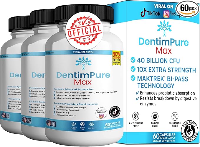 DentimPure Max Extra Strength Probiotic Supplement with 40 Billion CFU – Supports Teeth, Gums, Ear, Nose, Throat & Digestive Health – 60 Capsules (3)