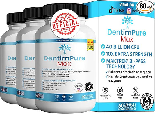 DentimPure Max Extra Strength Probiotic Supplement with 40 Billion CFU – Supports Teeth, Gums, Ear, Nose, Throat & Digestive Health – 60 Capsules (3)