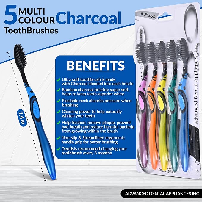 ADA Cavity Defense Activated Charcoal Toothbrush 5 Pack Ultra-Soft Flosspick Bristle for Sensitive Teeth & Gums, Aids in Teeth Whitening, Extra Soft, Easy Grip (5 Count)