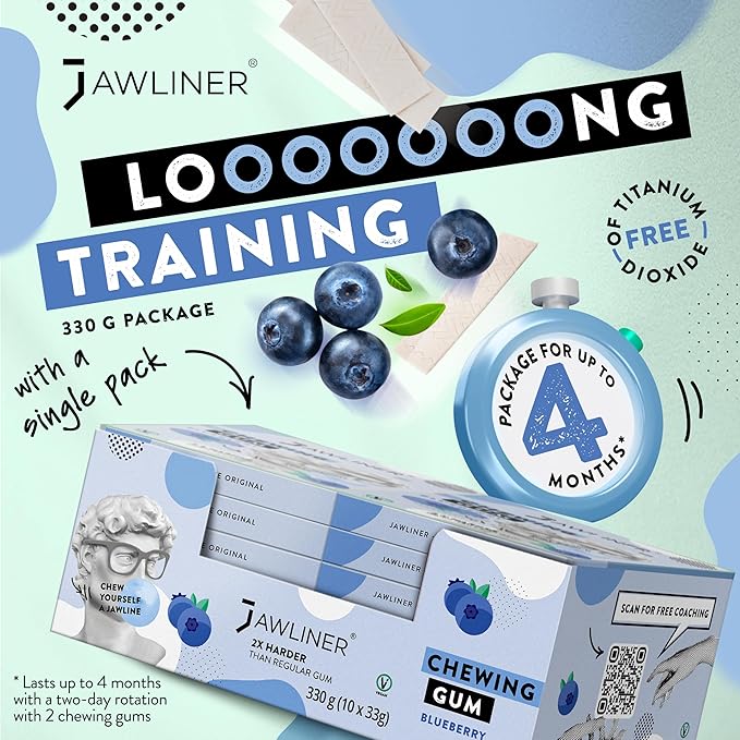 Jawliner® Hard Jwaline Chewing Gum - Sugar Free Blueberry Tough Jaw Gum - Jaw Exerciser Strong Mewing Jawline Mistic Gum - 2x Harder than Regular Chewing Gum 330 Grams (120 Strips)