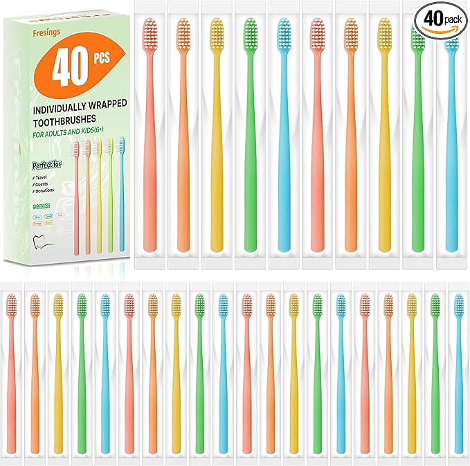 40 Pack Disposable Toothbrushes Bulk – Individually Wrapped Soft Bristles Single Use for Adults & Kids, Travel Hotel Guest Dental Office Donation Emergency Hygiene,Minimalist Design 5 Colors