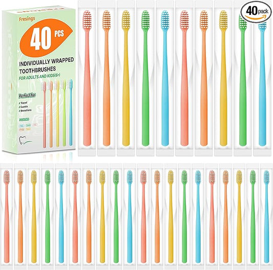 40 Pack Disposable Toothbrushes Bulk – Individually Wrapped Soft Bristles Single Use for Adults & Kids, Travel Hotel Guest Dental Office Donation Emergency Hygiene,Minimalist Design 5 Colors