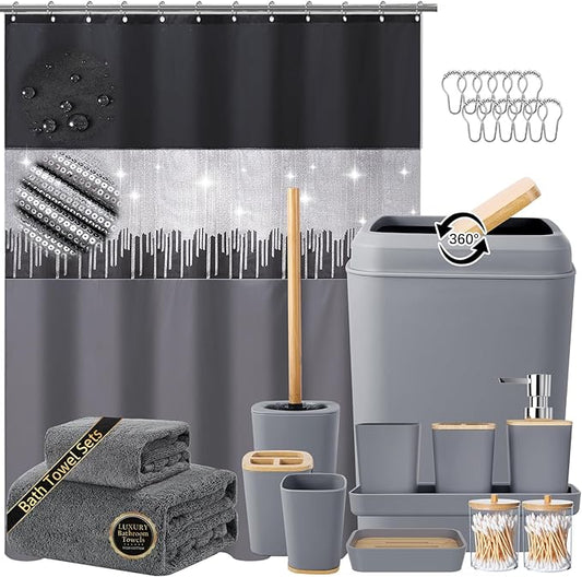 Bathroom Accessory Set – Bathroom Set with Glitter Shower Curtain, Towel Set,24 Piece Grey Shower Curtain, Bathroom Accessories Set with Shower Curtain Set for Home Decor