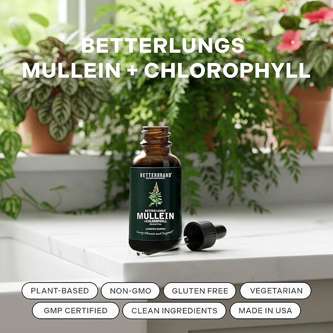 Betterbrand Mullein Drops for Lung Detox - Mullein Leaf Tincture with Chlorophyll - Helps Support Respiratory Health, Alcohol-Free, 1 Month Supply - 60ml