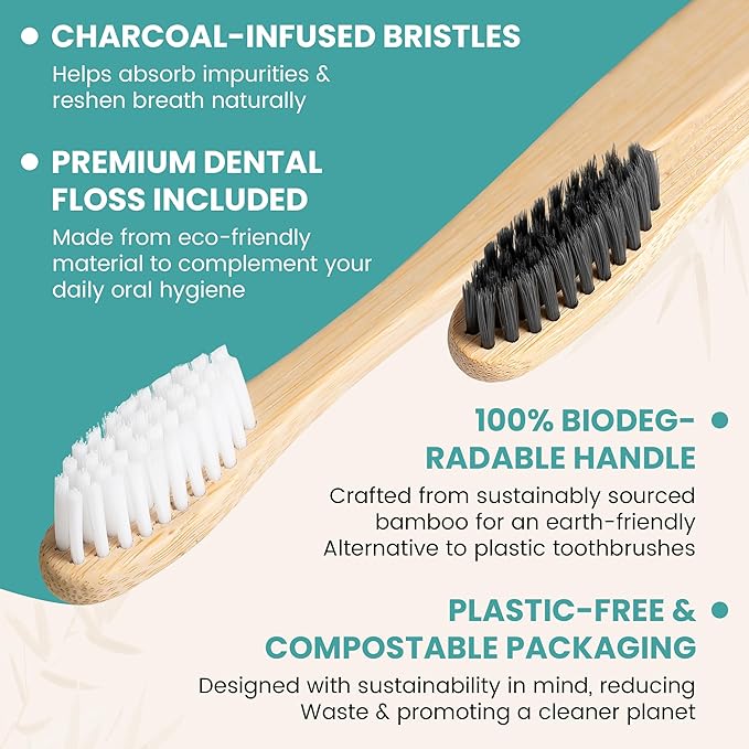 Bamboo Toothbrushes Set – 10-Pack (8 Standard + 2 Charcoal Bristle) – 2 Dental Floss as a Bonus - Eco-Friendly, Biodegradable Soft Bristle Toothbrush, Wooden Toothbrush for Adults & Kids