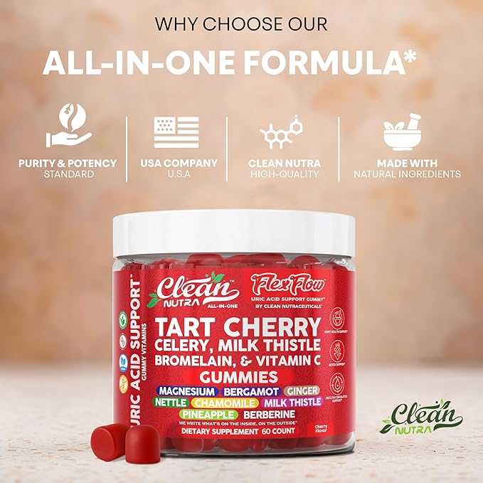 Clean Nutra Tart Cherry Gummies Uric Acid Flush Celery Milk Thistle Bromelain Vitamin C Magnesium Citrus Bergamot Ginger Stinging Nettle Leaf Chamomile Berberine Quercetin Support 60 Gummy Vitamins