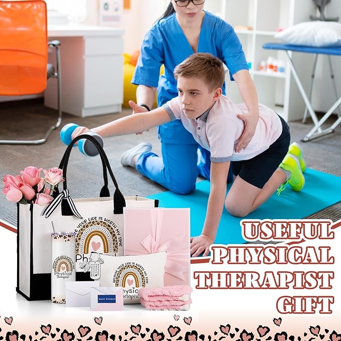 Geiserailie 8 Pcs Christmas Physical Therapist Gifts for Women Including Large Tote Bag Cosmetic Bags Tumbler Cup Plush Socks Metal Keychain Card and Envelope for Physical Therapist Thank You Gifts