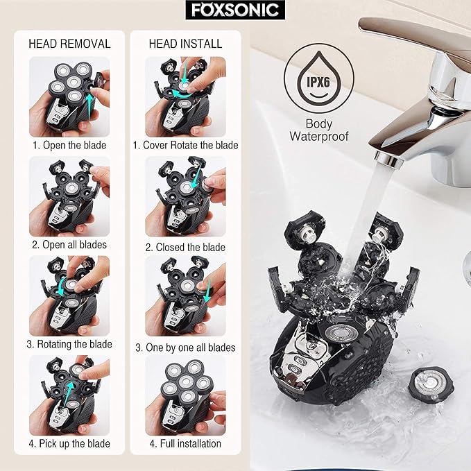 FOXSONIC Universal 6 Blade Replacement Heads for Mainstream Shaver Brands, Bald Shaver Replacement Heads with Blade Cover (Black)