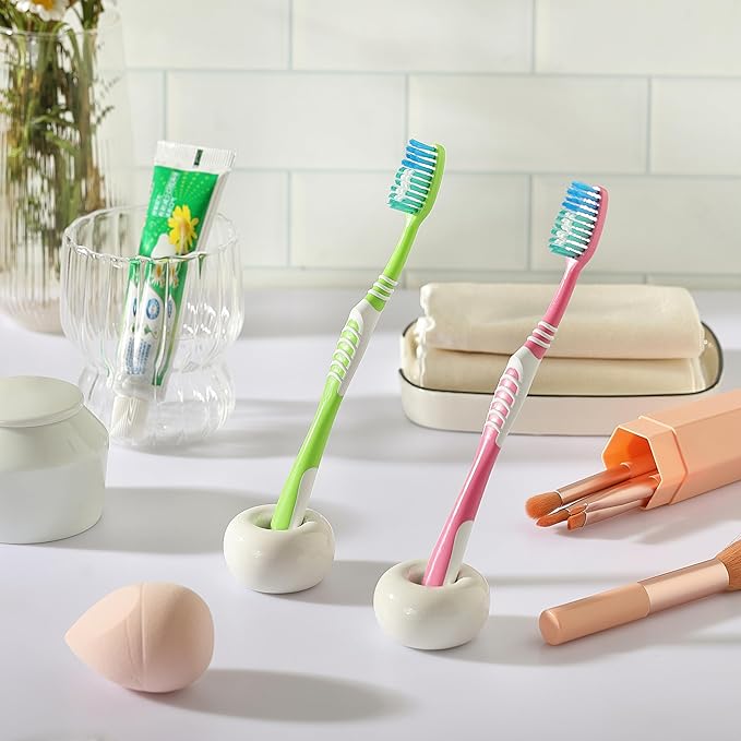 2PCS Ceramic Toothbrush Holder, DQELFA Mini Sleek Toothbrush Holder Stand for Bathroom and Countertop Organizers, White (Stylish Sea-Themed Designs)