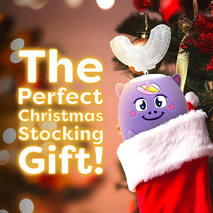 Trueocity Kids U Shape Toothbrush Auto Electric Toddler Rechargeable Kids Automatic Toothbrush | 360° U-Shaped Silicone Brush Head | Gentle Cleaning for Ages 2–7 | Unicorn Design (Purple)