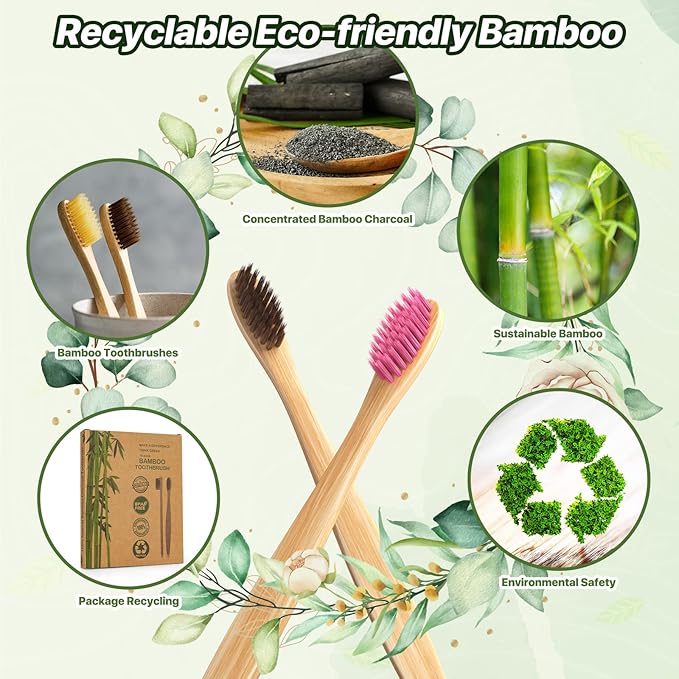 10 Color Soft Bristles Natural Bamboo Toothbrushes Set, Premium BPA Free for Best Clean, Eco-Friendly, Plastic-Free, Vegan, Biodegradable & Compostable Charcoal Wooden