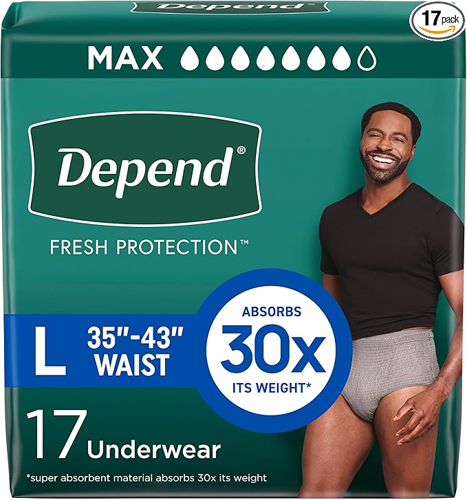 Depend Fresh Protection Adult Diapers, Incontinence Underwear for Men, Disposable, Maximum, Large, Grey, 17 Count, Packaging May Vary