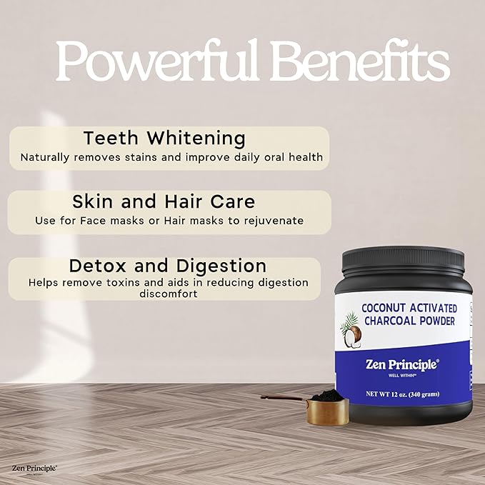 Zen Principle Coconut Activated Charcoal Powder. Whitens Teeth, Rejuvenates Skin and Hair, Supports Better Digestion. USA-Owned Producers, Free Scoop, 12 Oz