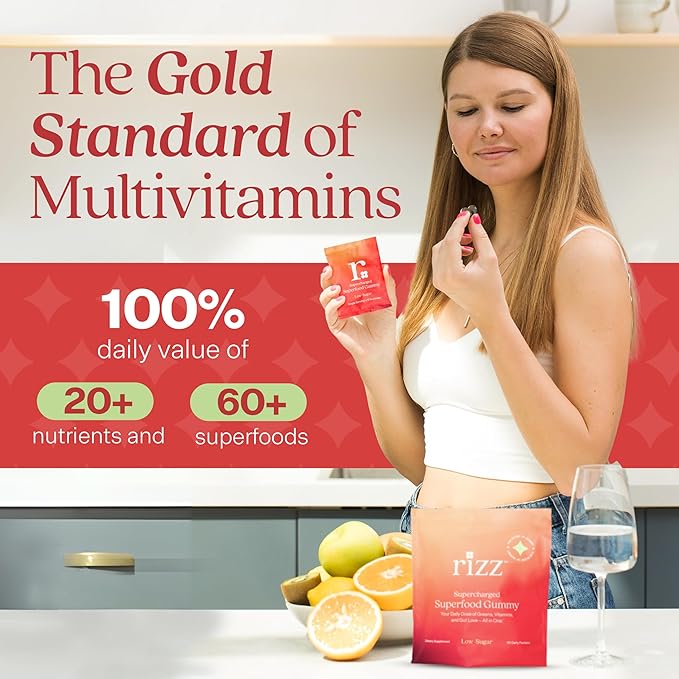 Rizz Low Sugar Green Gummies - 60+ Superfoods 6g Fiber - Prebiotic and Probiotic Gummies - Vegan Multivitamins for Women & Men - Gluten Free - Mushroom, Fruit and Vegetable Supplements - 30 Day Supply