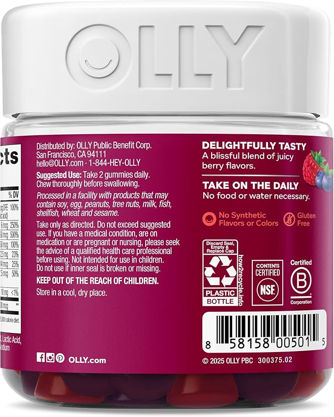 OLLY Women's Multivitamin Gummy, Vitamins A, D, C, E, Biotin, Folic Acid, Adult Chewable Vitamin, Berry Flavor, 45 Day Supply - 90 Count