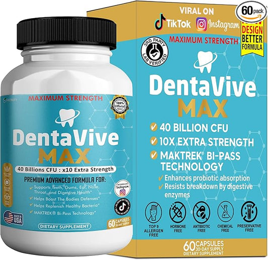 DentaVive Max Probiotic Supplement, 40 Billion CFU, 60 Capsules, Premium Oral Health Support for Teeth, Gums, Digestive Health (1)