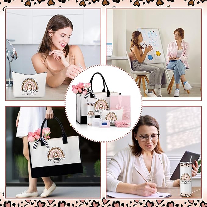 Geiserailie 8 Pcs Christmas Psychology Gifts for Women Including Large Tote Bag Cosmetic Bags Tumbler Cup Plush Socks Metal Keychain Card and Envelope for Christmas School Psychologist Thank You Gifts