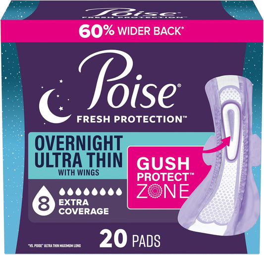 Poise Overnight Ultra Thin Incontinence & Postpartum Pads with Wings for Bladder Leaks, 8 Drop Extra Absorbent, Long Length, 20 Count
