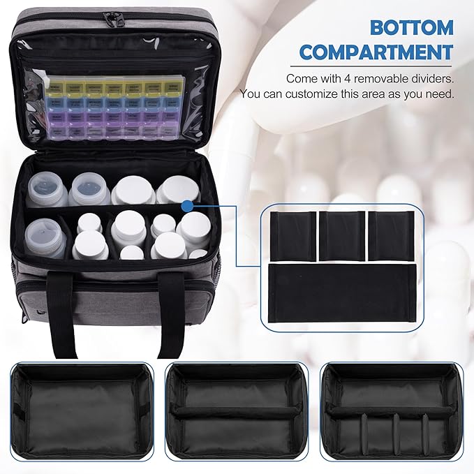 LIZSEN Large Medicine Storage Bag, Double Layer Pill Bottle Organizer Storage Bag with Lockable Zipper, Medication Travel Bag Carrying Case for Men Women