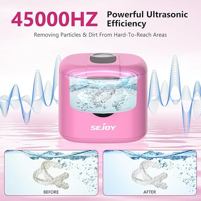 Sejoy 45kHz Ultrasonic Retainer Cleaner, U-V Double Denture Cleaning Machine with Digital Timer, Cleaner for Braces, Mouth Guards, Rings, Toothbrush
