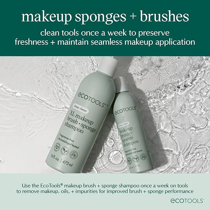 EcoTools XL Makeup Brush + Sponge Shampoo, Removes Makeup, Dirt, & Impurities From Makeup Brushes & Makeup Blending Sponges, Fragrance-Free, Vegan, & Cruelty-Free 16 fl. oz./473 ml, 1 Count, Clear