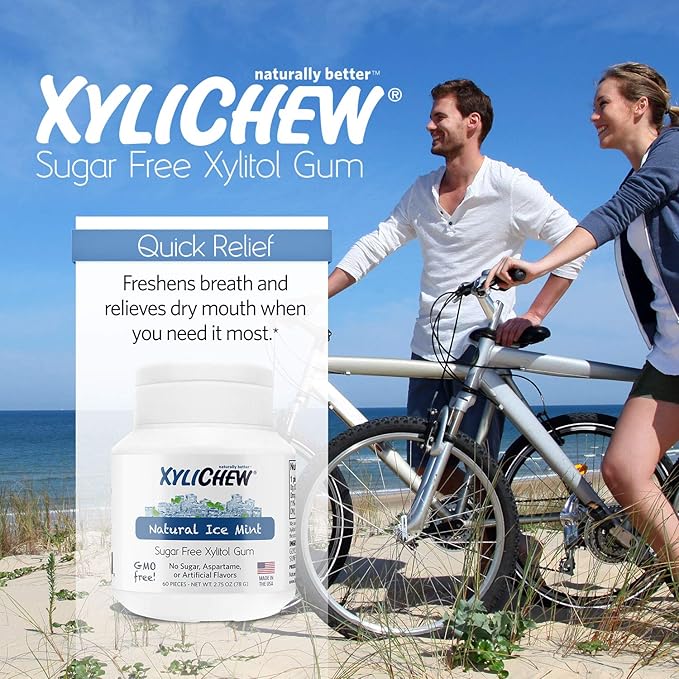 Xylichew 100% Xylitol Chewing Gum - Non GMO, Non Aspartame, Gluten Free, and Sugar Free Gum - Natural Oral Care, Relieves Bad Breath and Dry Mouth - Ice Mint, 144 Count