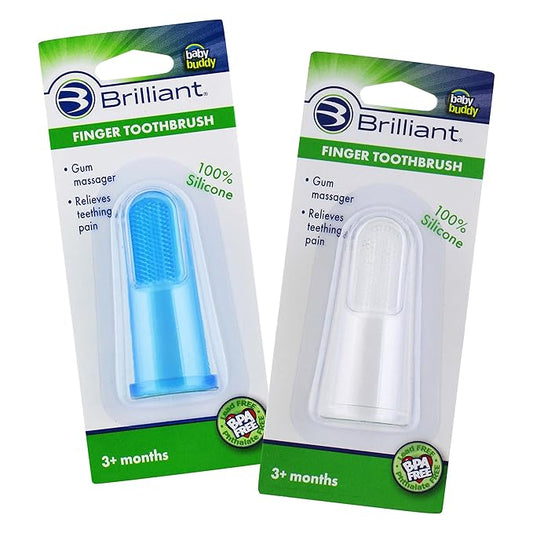 Brilliant Baby Finger Toothbrush - Silicone Gum Massager and Teether Brush for Infant-Toddler, 3 Months Old and Up, Blue/Clear, 2 Count