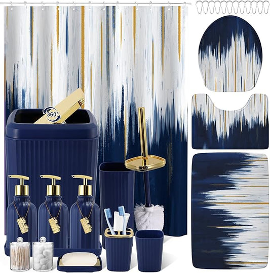 32PC Bathroom Sets with Shower Curtain and Rugs-Navy Blue Bathroom Accessories,Non Slip Bathroom Rugs Set with Toilet Lid Cover, Waterproof Shower Curtain, 3PC Soap Dispenser with Trash Can