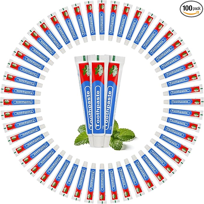 Travel Toothpaste Bulk, 10g/0.35oz Red & Blue Disposable Toothpaste Suitable for Hotels, Camping, Guests, Homeless Individuals, Charities (100-PACK)