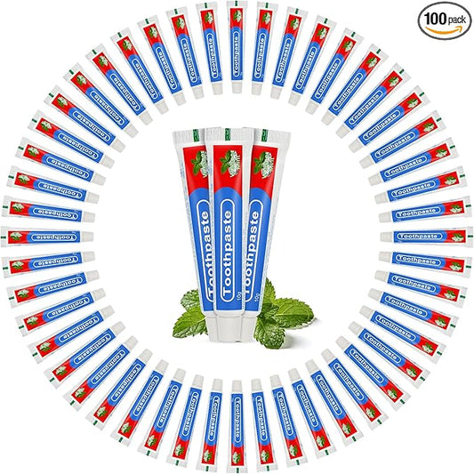 Travel Toothpaste Bulk, 10g/0.35oz Red & Blue Disposable Toothpaste Suitable for Hotels, Camping, Guests, Homeless Individuals, Charities (100-PACK)