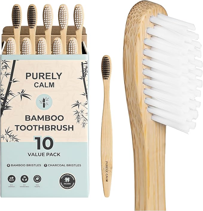 Bamboo Toothbrushes Set – 10-Pack (8 Standard + 2 Charcoal Bristle) – 2 Dental Floss as a Bonus - Eco-Friendly, Biodegradable Soft Bristle Toothbrush, Wooden Toothbrush for Adults & Kids